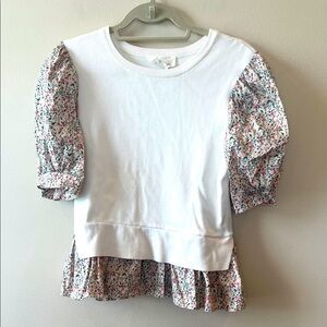 Anthropologie Sweater Top Floral Puff Sleeves women S‎ Ruffle Hem Cropped Fall